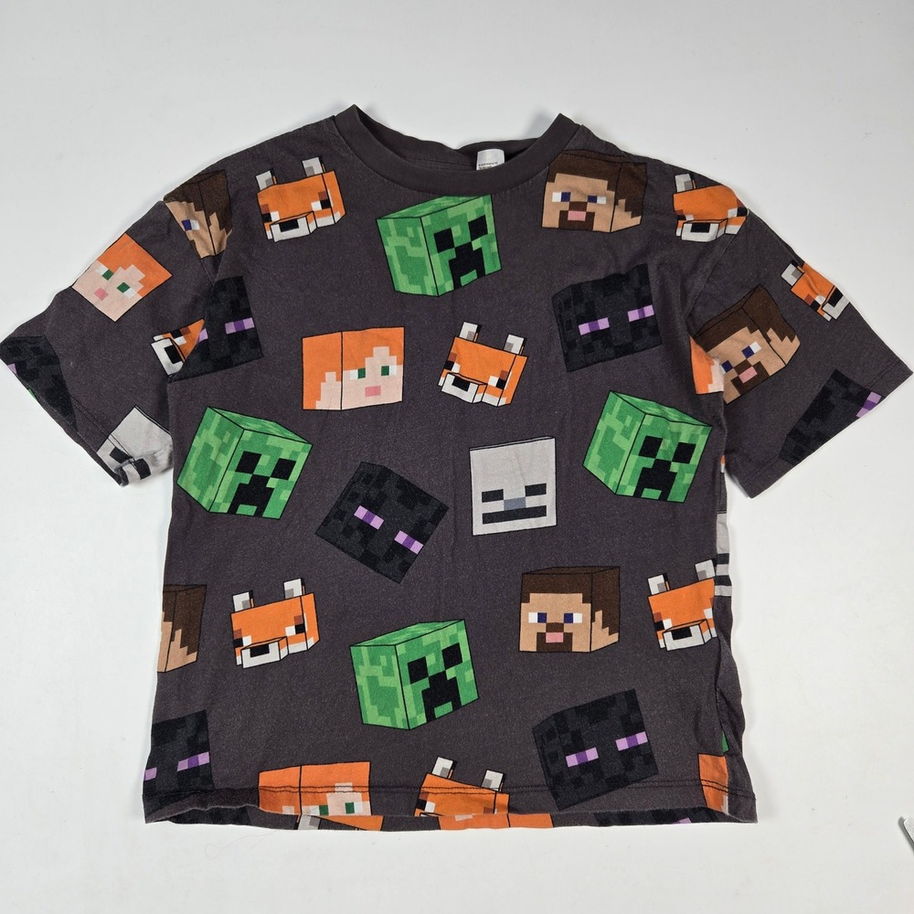 H&M Minecraft T-Shirt Kids 6X/7 Gray All Over Print Creeper Steve Graphic Tee